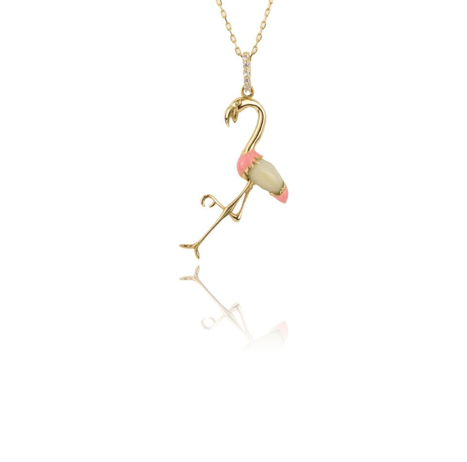 Pembe Mineli Flamingo Kolye